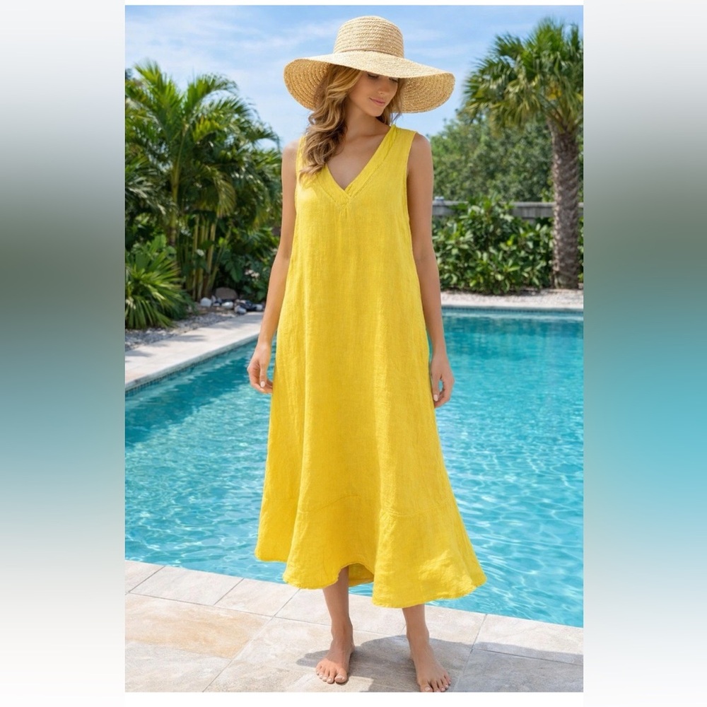 Francesca Bettini 100% linen made in Italy mustard midi dress Sz S